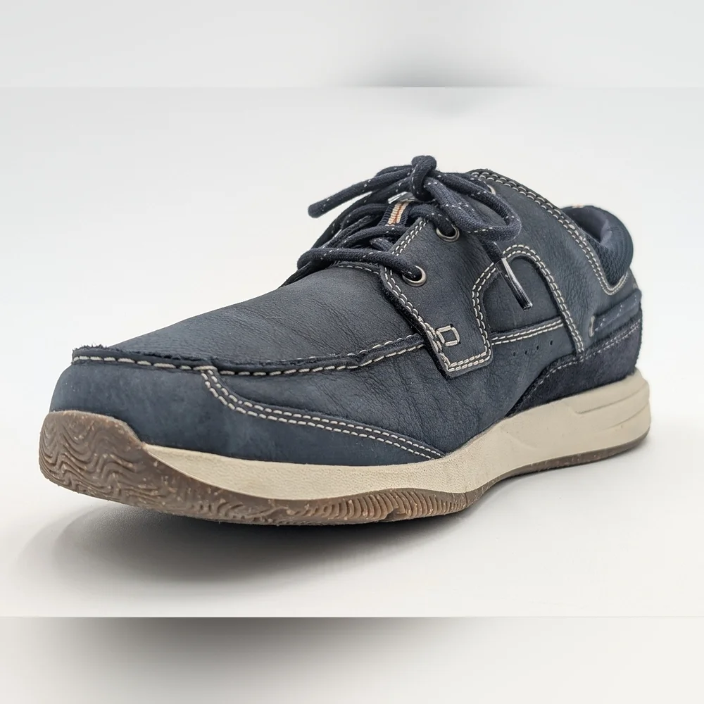 Clarks Sailview Lace Sz 11W Men Navy Nubuck Premium Leather Shoes Slip Resistant